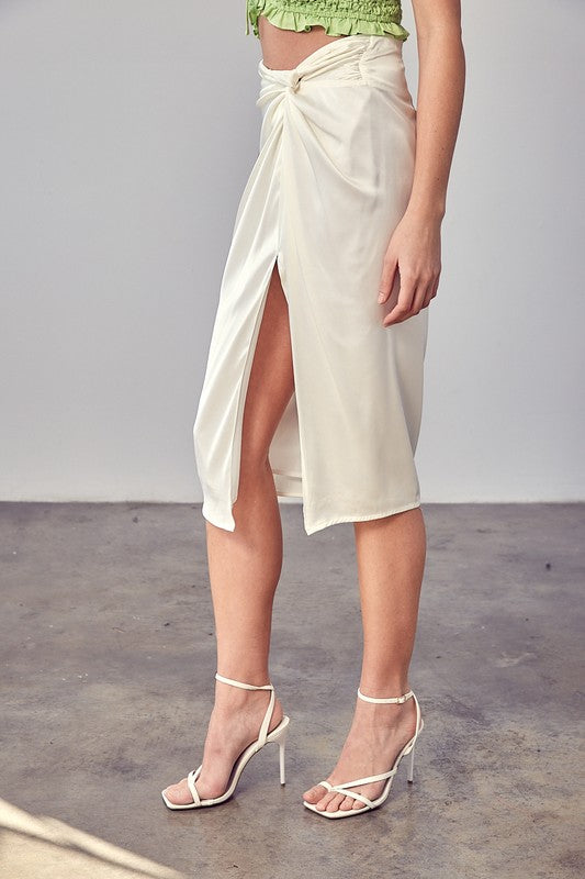 Side Gathered Slit Midi Skirt