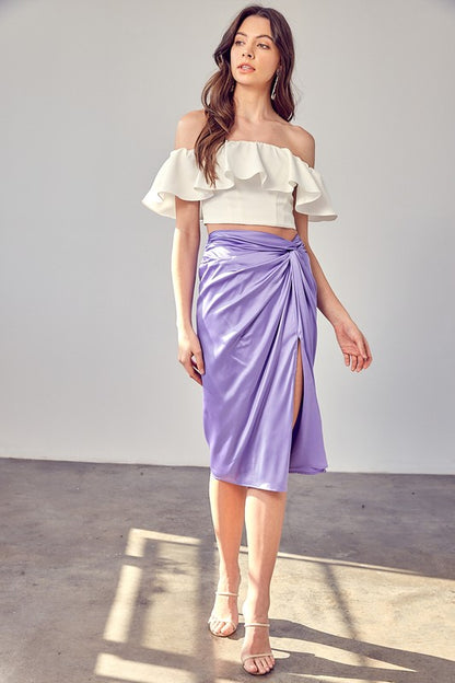 Side Gathered Slit Midi Skirt