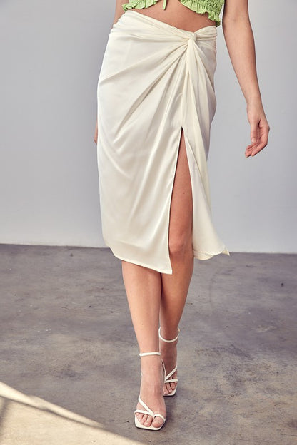 Side Gathered Slit Midi Skirt