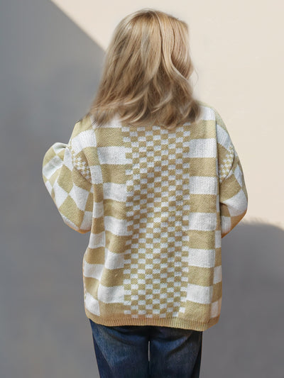 Double Take Checkered Open Front Dropped Shoulder Cardigan - Fashions Envy