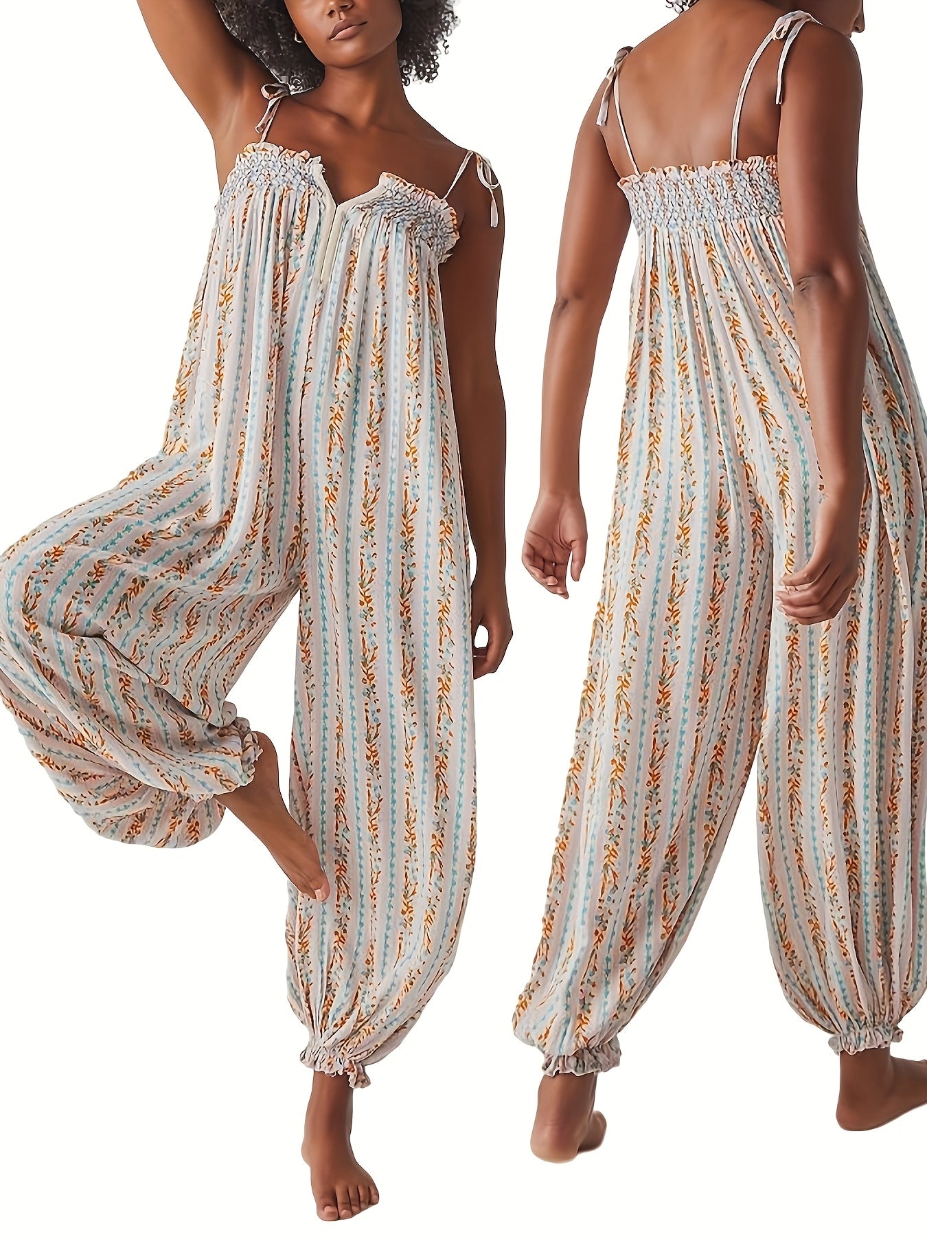 Sleeveless Flowy Vibrant Striped Jumpsuit with Lace Trim