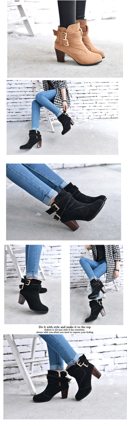 Women's Leather Ankle Boots - Strap Buckle Style - Fashions Envy