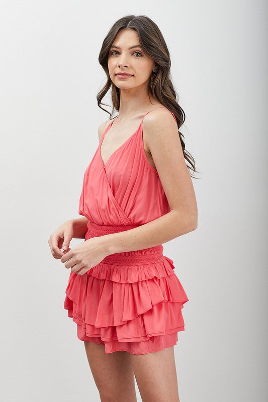 Wrap Smocked Waist Ruffle Flamingo Mini Dress