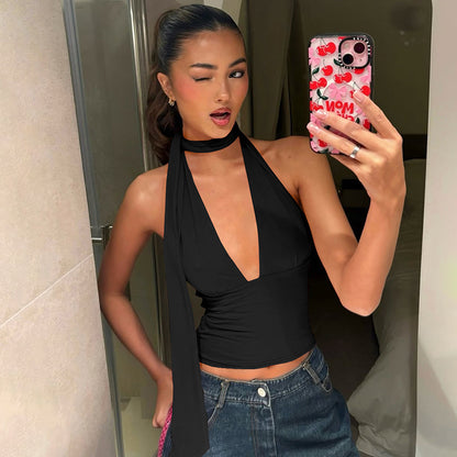 Deep V-neck Y2K Wrap Summer Halter Sleeveless Top