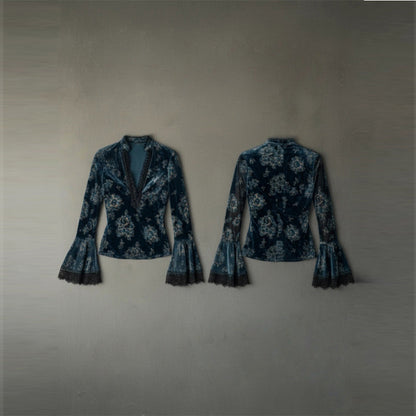 Lace Panel Blouse - Retro V-Neck Bell Sleeve Top
