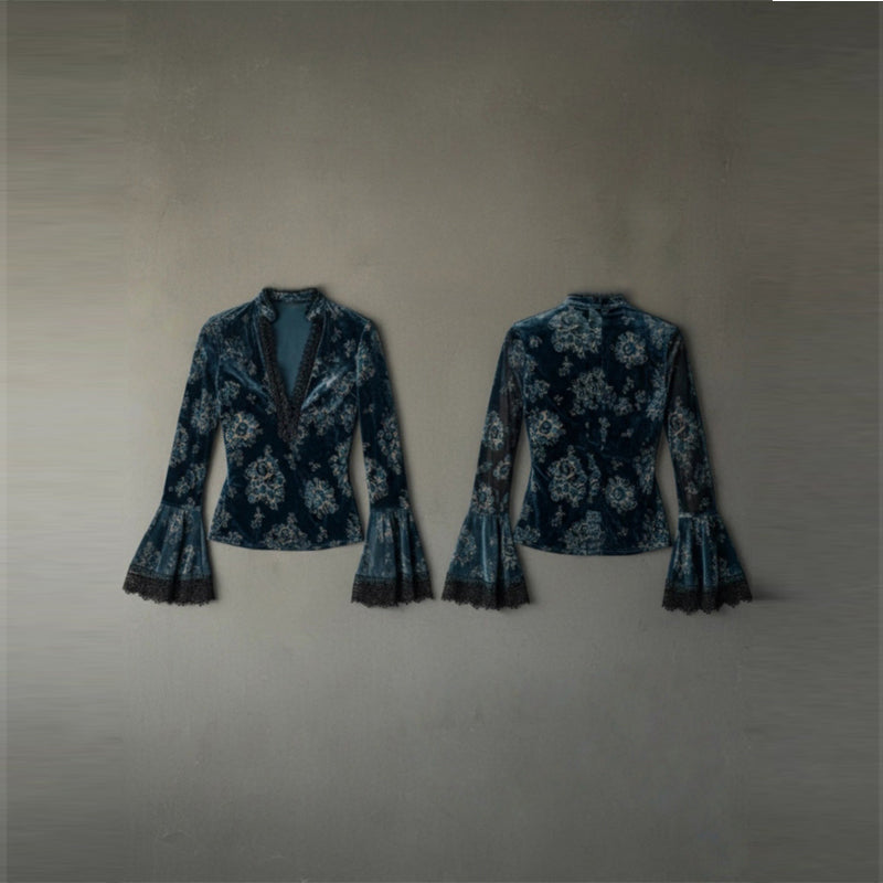 Lace Panel Blouse - Retro V-Neck Bell Sleeve Top