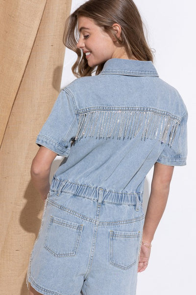 Rhinestone Fringe Washed Denim Overall Romper - Fashions Envy