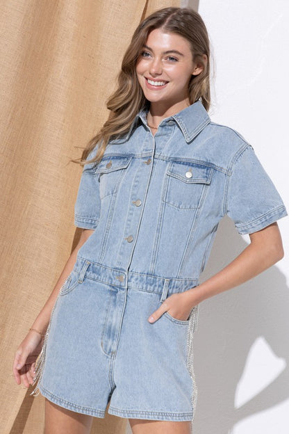 Rhinestone Fringe Washed Denim Overall Romper