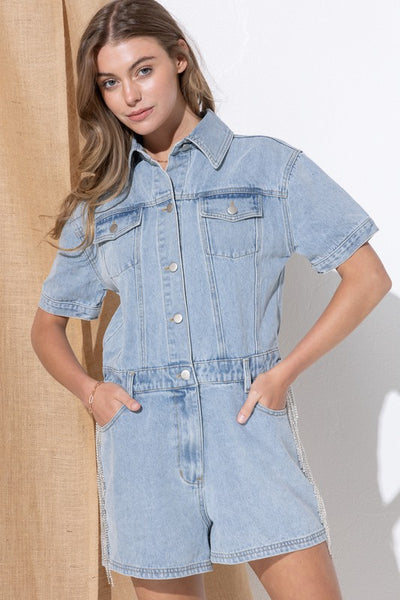 Rhinestone Fringe Washed Denim Overall Romper - Fashions Envy