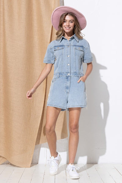 Rhinestone Fringe Washed Denim Overall Romper - Fashions Envy