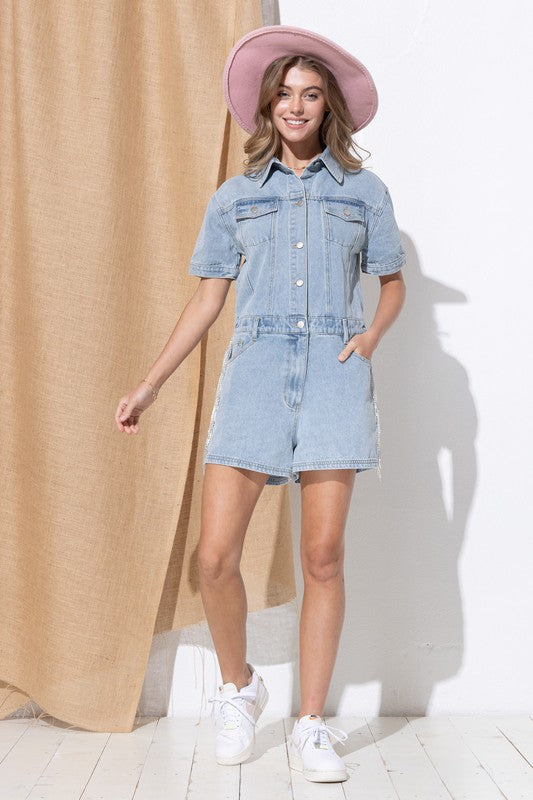 Rhinestone Fringe Washed Denim Overall Romper