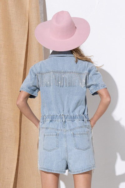 Rhinestone Fringe Washed Denim Overall Romper - Fashions Envy
