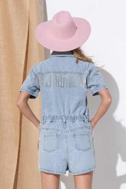 Rhinestone Fringe Washed Denim Overall Romper