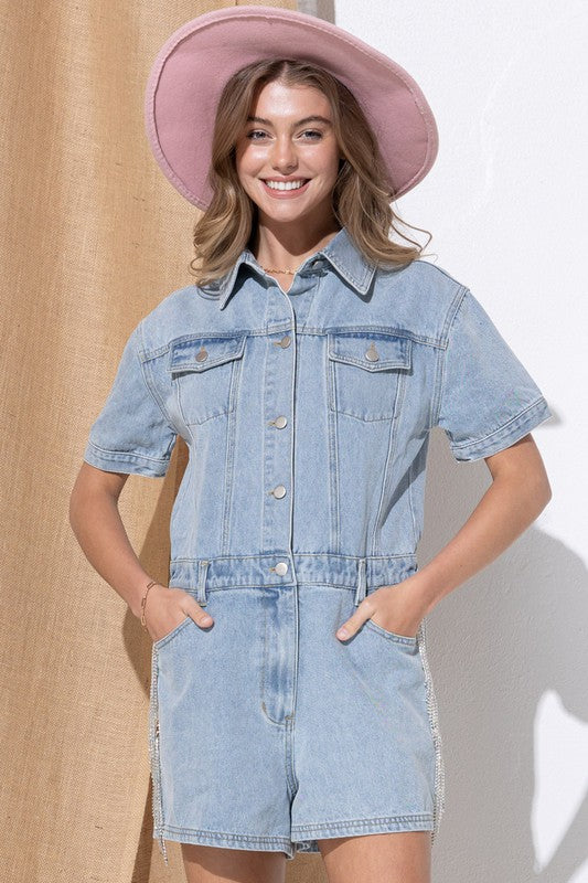 Rhinestone Fringe Washed Denim Overall Romper