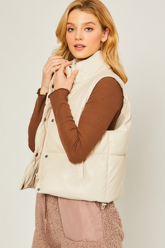 PU Leather Mock Neck Padded Vest