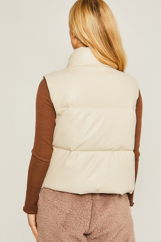 PU Leather Mock Neck Padded Vest