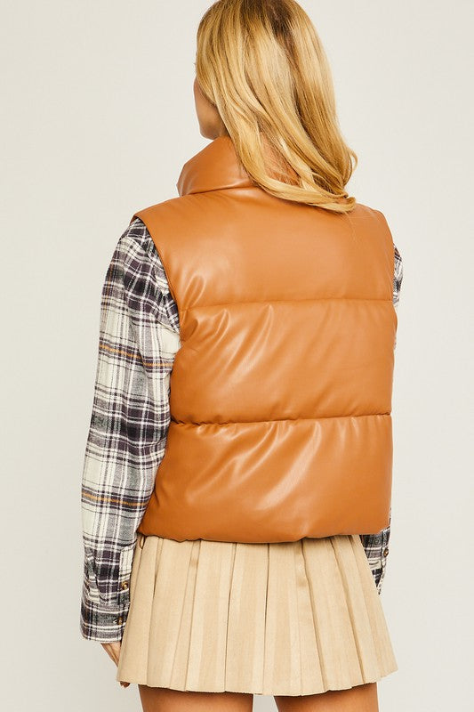 PU Leather Mock Neck Padded Vest