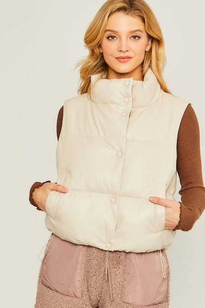 PU Leather Mock Neck Padded Vest