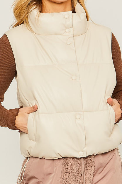 PU Leather Mock Neck Padded Vest