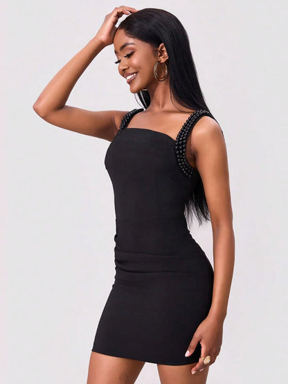 Black Bead Trim Wide Strap Wrap Dress