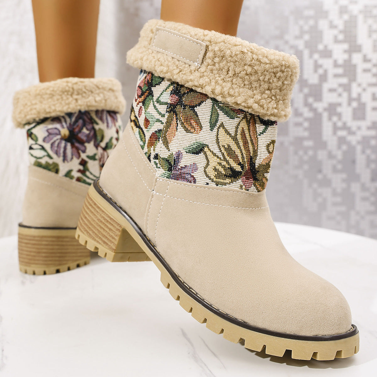 Embroidered Snow Boots - Ethnic Platform Square Heel