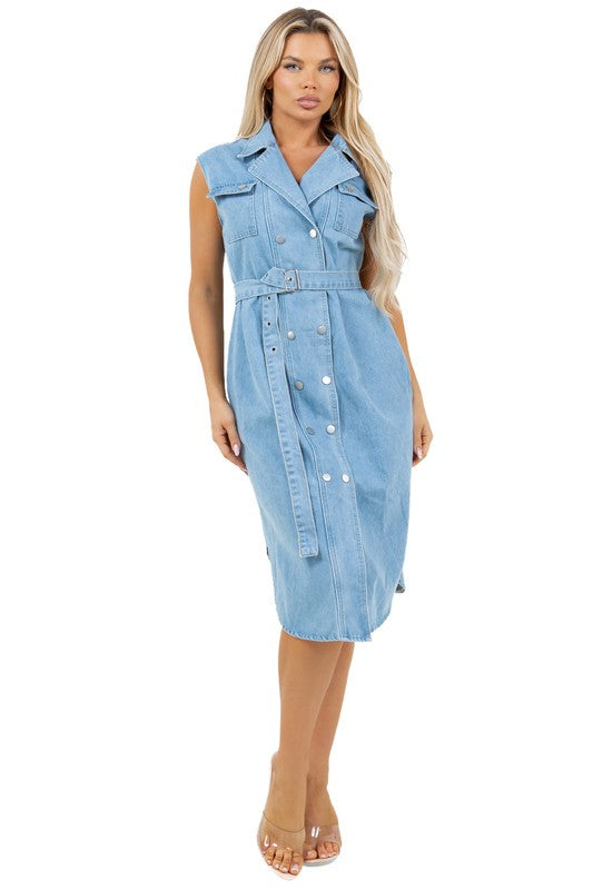 Front Snap Button Denim Vest Midi Dress