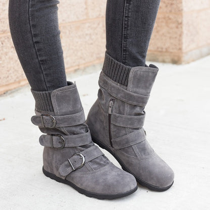 Women's Casual Winter Boots - Strap Buckle Design - Fashions Envy