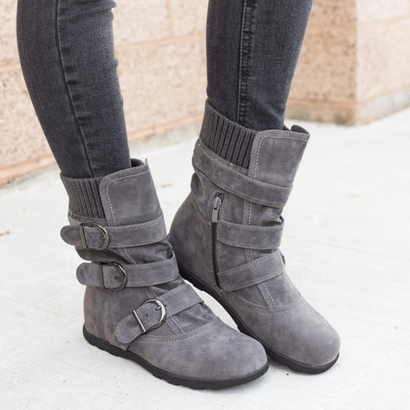 Women's Casual Winter Boots - Strap Buckle Design - Fashions Envy