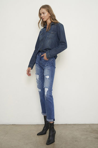 Distressed Front Girlfriend Medium Wash Denim Jeans