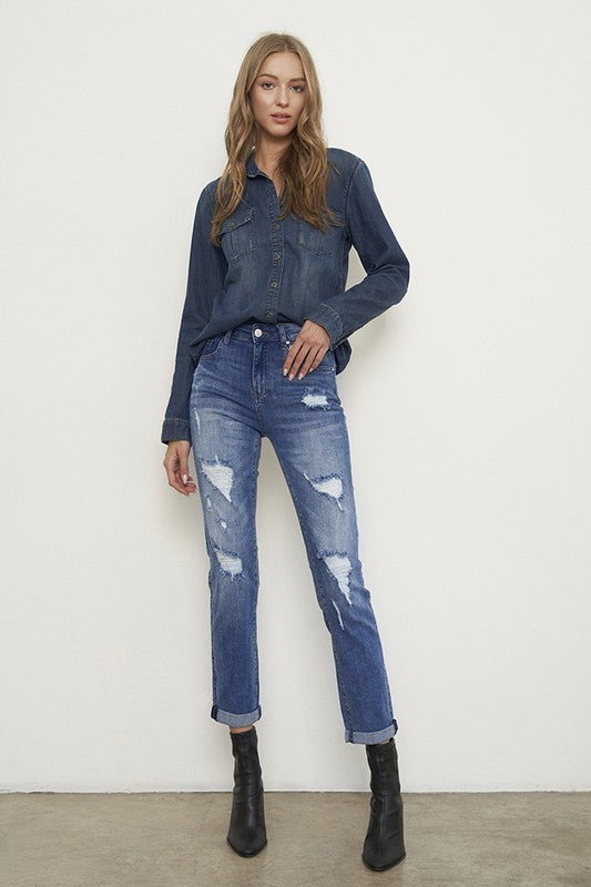 Distressed Front Girlfriend Medium Wash Denim Jeans