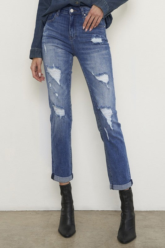 Distressed Front Girlfriend Medium Wash Denim Jeans