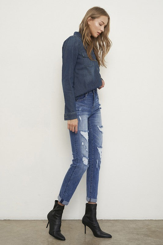 Distressed Front Girlfriend Medium Wash Denim Jeans