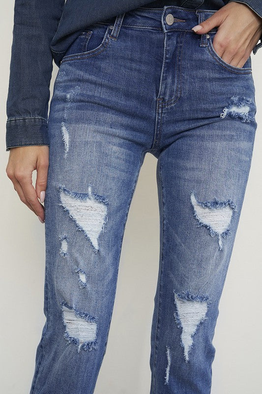 Distressed Front Girlfriend Medium Wash Denim Jeans