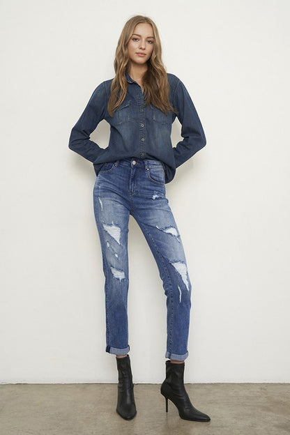 Distressed Front Girlfriend Medium Wash Denim Jeans