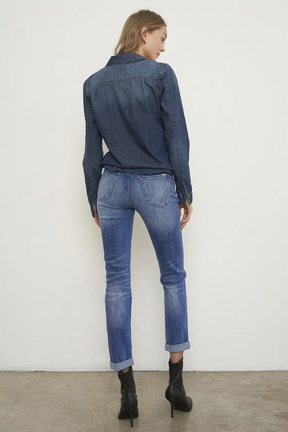 Distressed Front Girlfriend Medium Wash Denim Jeans