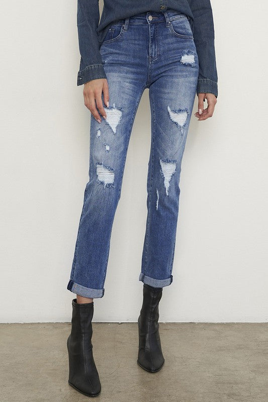 Distressed Front Girlfriend Medium Wash Denim Jeans