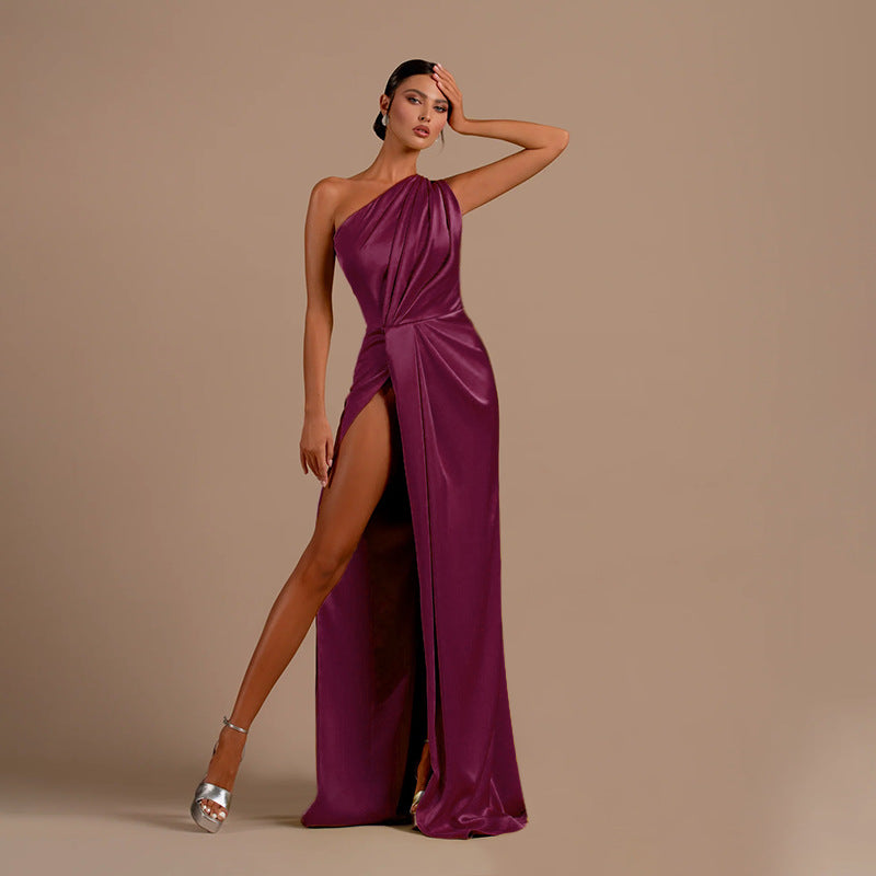 Satin Evening Dress - Formal Slit One Shoulder