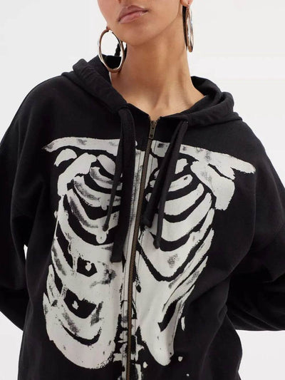 Skeleton Zip Up Drawstring Hoodie - Halloween Sweatshirt - Fashions Envy