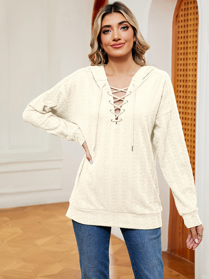 Lace-Up Long Sleeve Hoodie - Fashions Envy