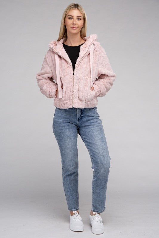 Fluffy Zip-Up Drawstring Teddy Hoodie