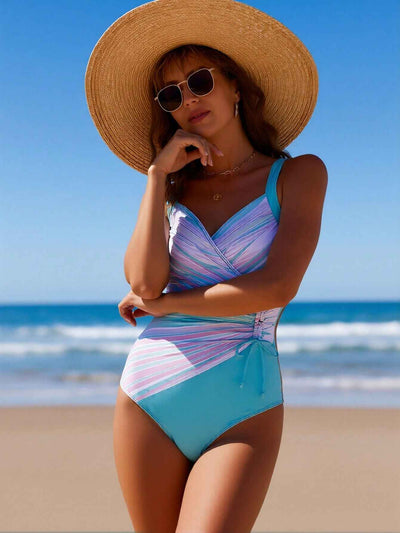 2026 New Women's One-Piece Swimsuit: Turquoise & Pastel Stripe Wrap Front With Side Tie Tummy Control