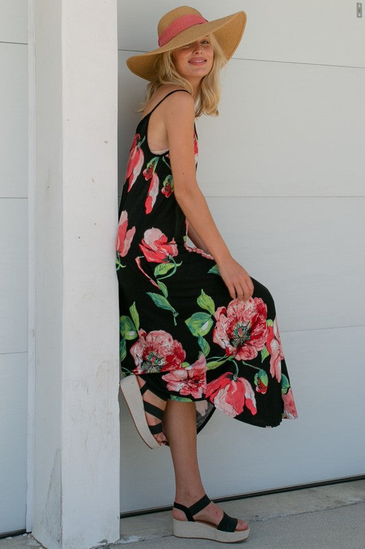 Floral Halter Round Neck Maxi Dress with Pockets