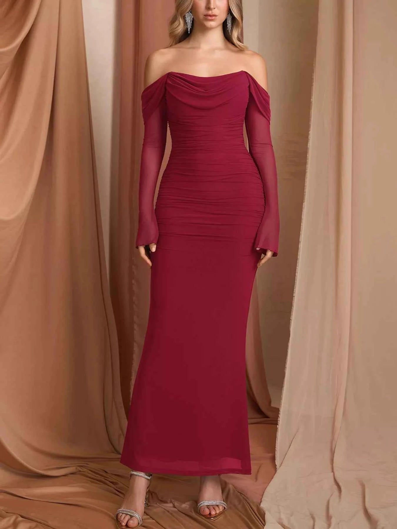 Off-Shoulder Ruched Mermaid Maxi Dress