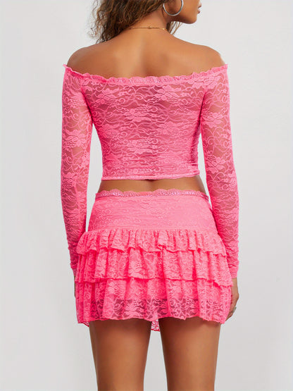 Fairycore See Through Off Shoulder Long Sleeve Crop Top & Mini Skirt Streetwear Outfit