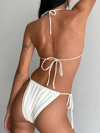 Bowknot Embellished Tie-Up Halter Neck Padded Bra Thong Bikini Swimsuit Set