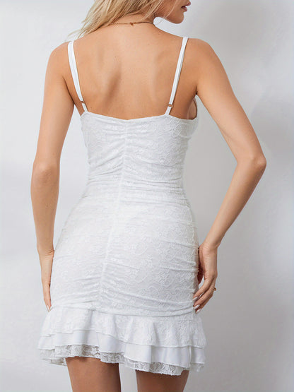 Sleeveless Spaghetti Strap Solid Color Ruched Mini Lace Bodycon Dress