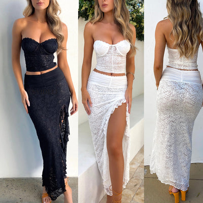Mesh Two-Piece Set - Tube Top & Slit Skirt Summer Dress