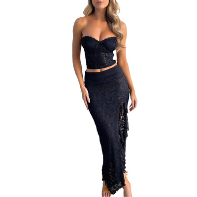 Mesh Two-Piece Set - Tube Top & Slit Skirt Summer Dress