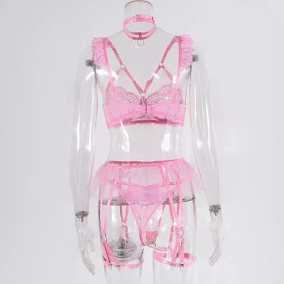 Lace Embroidered Garter Suit - Backless Hollow Intimate Wear