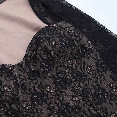 Black Lace Long Sleeve Top - V-Neck Waist Cinched Slim
